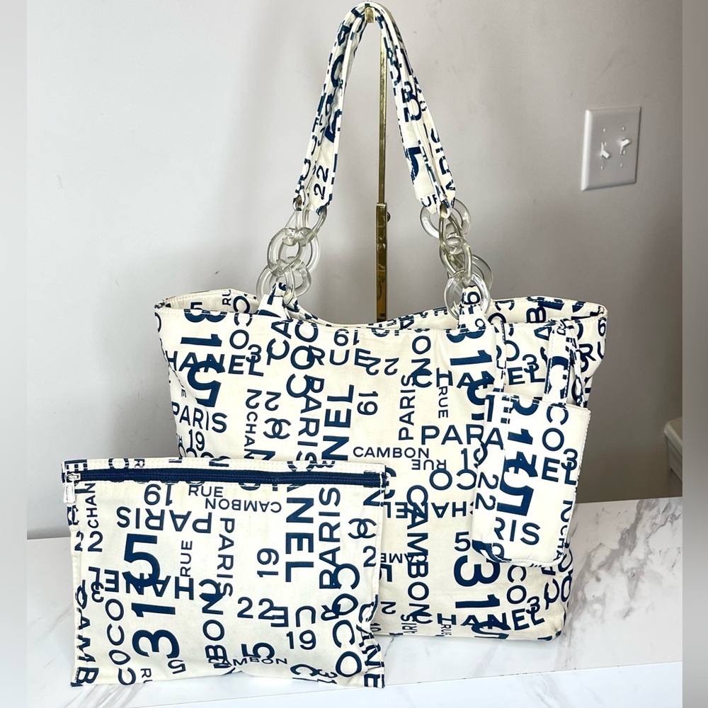 CHANEL RUE CAMBON CANVAS CALF SKIN TOTE BAG